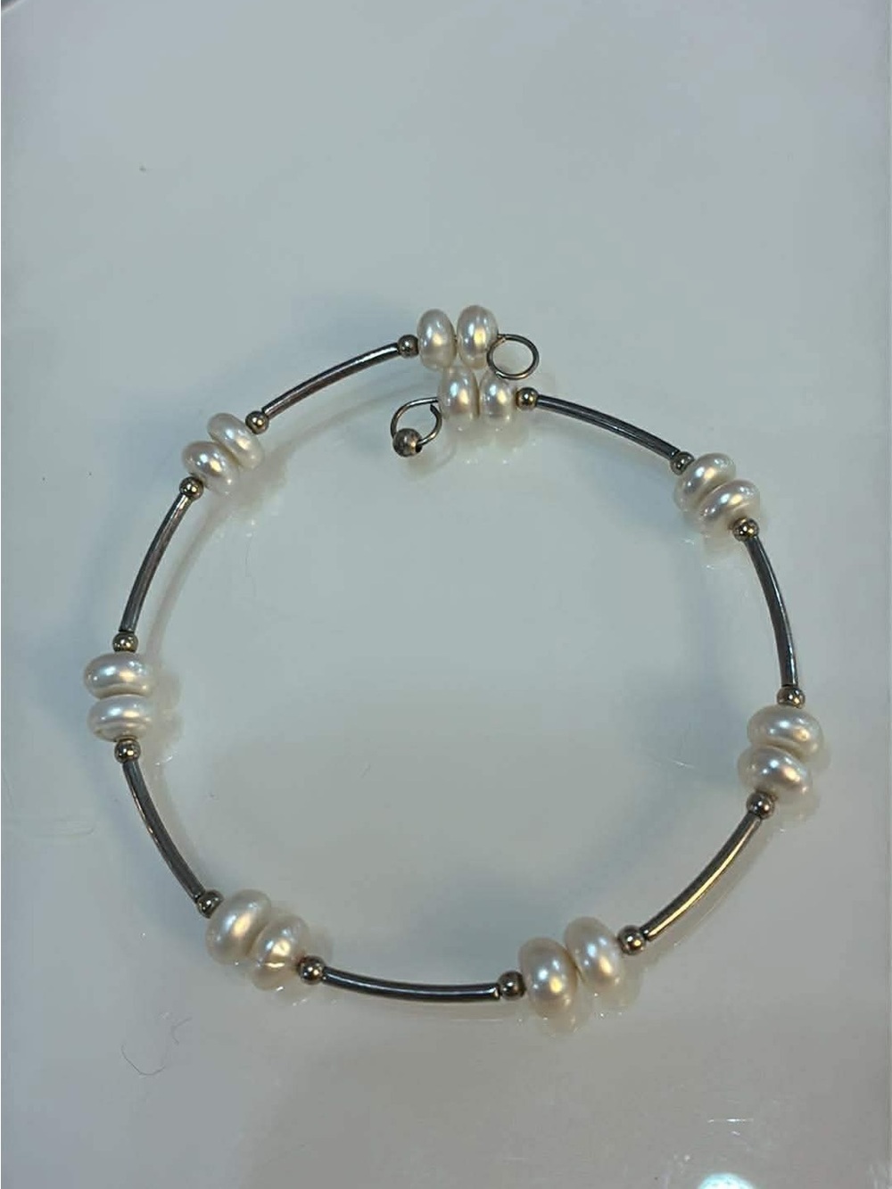 Freshwater Pearl and Silver Bead Bracelet - White Pearls